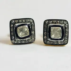 NATURAL DIAMONDS CLUSTER Earrings, Rose cut diamonds , Valentine Gift , Sterling Silver Stud Earrings, Square Shaped Earrings ...