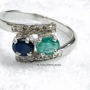 EMERALD SAPPHIRE DIAMONDS Ring ,Bypass style, Promise ring for her,Engagement ring ,oval shape,Gift for her