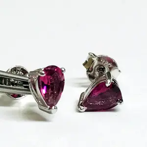 TINY PINK TOURMALINE Pear shape , Stud Earrings , Tourmaline Pair , Dark Pink Gemstone ,October Birthstone , Lovely Gift For Girlfriend ..