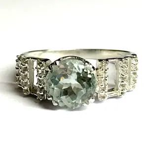 Super Fine Quality AQUAMARINE WHITE TOPAZ 925 Silver Ring ,Round Shape , Blue Gemstone , March Birthstone , Wedding Gift , Promise Ring ...