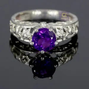 7 mm Round Cut Natural Purple Amethyst Gemstone Ring, 925 Sterling Silver Ring, Engagement / Wedding Ring, February Birthstone Amethyst Ring