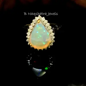 FIRE OPAL DIAMOND Ring,October birthstone ,Welo Opal,Pear Cabochon shape,Promise Ring For Her,Wedding Gift.