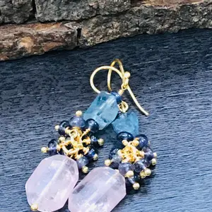 MULTI AQUAMARINE TUMBLE Earrings ,Gold Hook Earrings ,March Birthday Gift,Healing Crystal Jewelry ,Faceted Beads & Tumble
