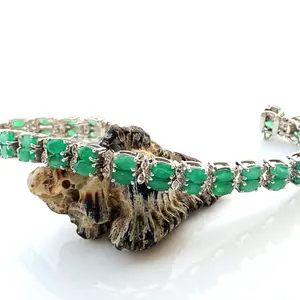EMERALD DIAMOND BRACELET , 7.5 inches 925 sterling silver ,Zambian Emerald , May Birthstone ,Wedding Gift, Women  Bracelets , Christmas gift