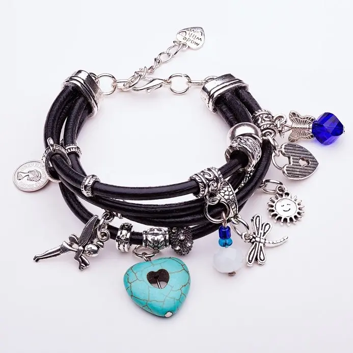 Charm Bracelet, black leather straps Charm Bracelet, black leather straps