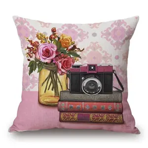 Vintage style old camera print, Decorative pillow