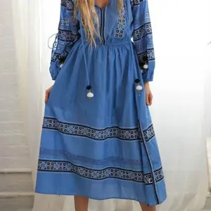 Blue long boho dress, long sleeves