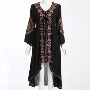 Long high low hem black boho dress, U neck, long wide sleeves