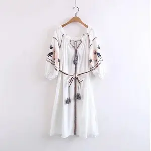 White short boho dress/tunic, U neck, long puff sleeves