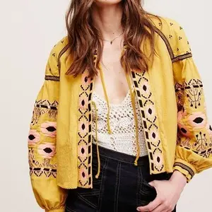 Yellow embroidered wide sleeve blouse/top