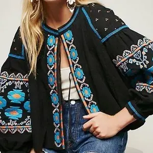 Boho embroidered wide sleeve blouse in black and blue